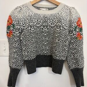 Anthropologie Grey and White Wool Cropped Sweater with Floral Details